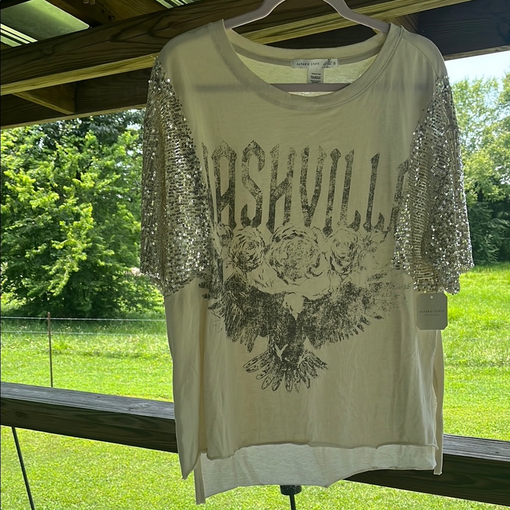 Altar'd State White Sequin Short Sleeve Tee